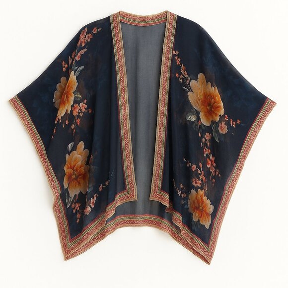 Lane Bryant Floral Kimono with Tapestry Trim Boho Lightweight Duster OS Festival - Picture 1 of 7